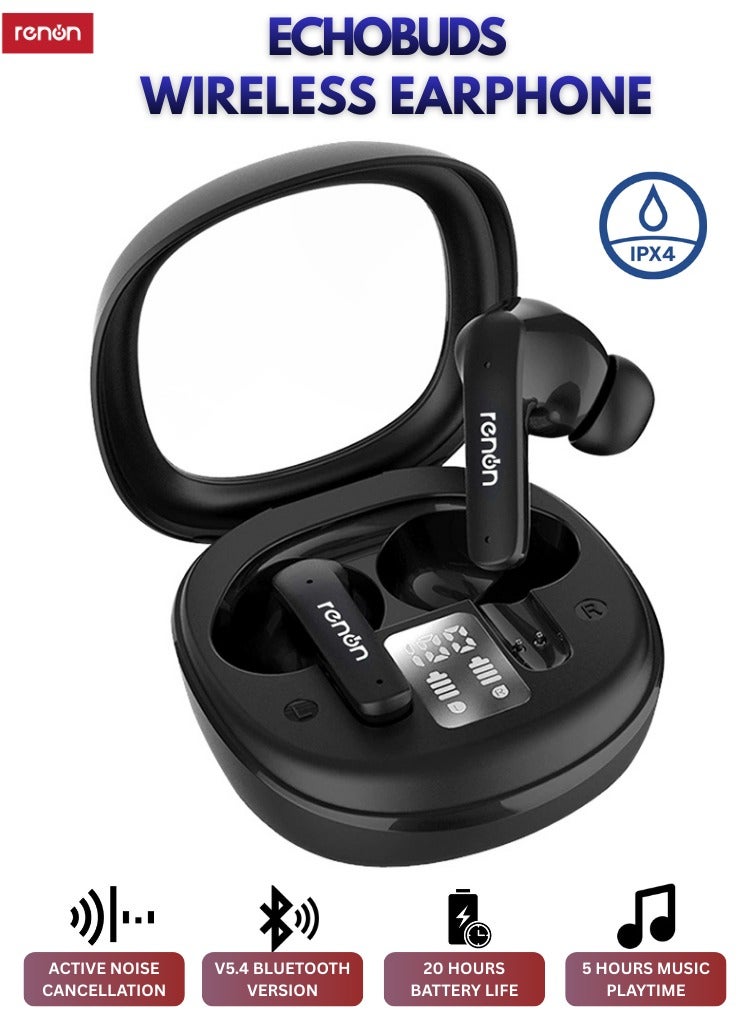 RENON EchoBuds Bluetooth 5.4 True Wireless Earbuds, Active Noise Cancelling ANC In-Ear Headphones, 20H Playtime, HD Sound, Fast Charging, IPX4 Waterproof, Black - Image 1